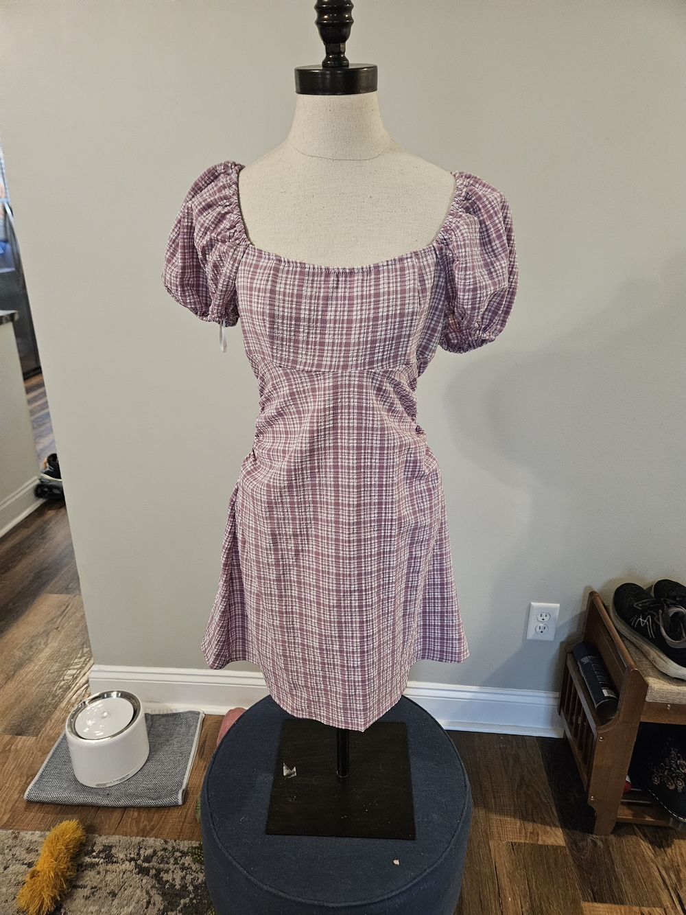 SHEIN Purple Plaid Puff-Sleeve Square-Neck Mini Dress